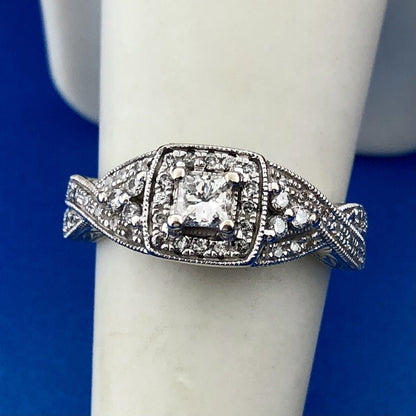 Designer 14K White Gold Diamond Princess Solitaire Halo Accented Engagement Ring