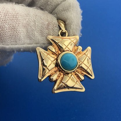 Designer Italy Sterling Silver Vermeil Gold Tone Turquoise Maltese Cross Pendant