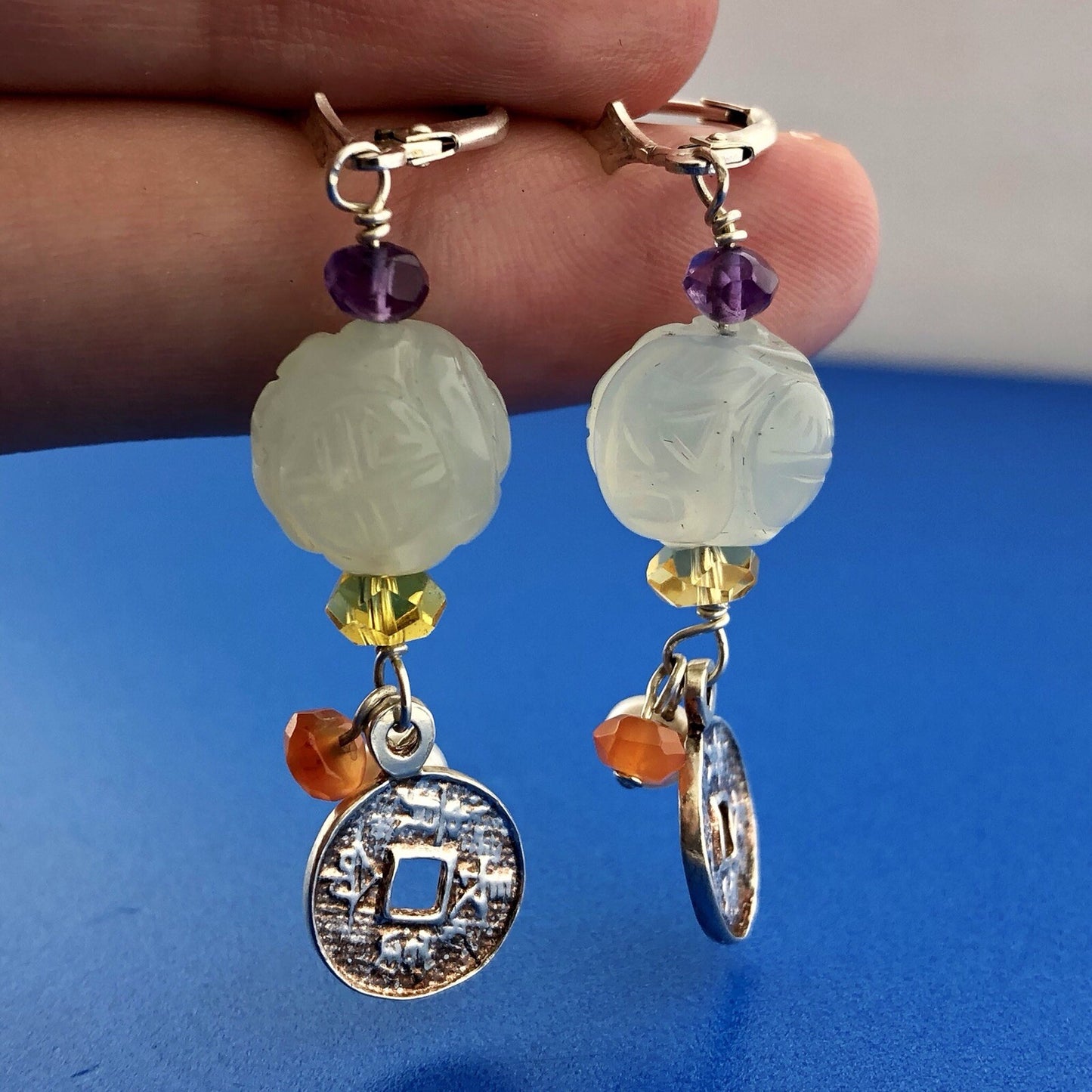 Designer Sterling Silver 925 Amethyst Citrine Pearl Art Glass Dangle Earrings