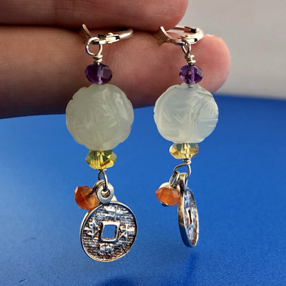 Designer Sterling Silver 925 Amethyst Citrine Pearl Art Glass Dangle Earrings