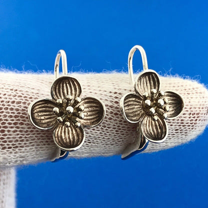 Designer 925 Sterling Silver Poppy Magnolia Textured Flower Drop Dangle Earrings