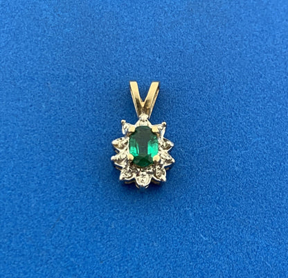Designer 10k Yellow White Gold Oval Emerald Diamond Accented Charm Pendant