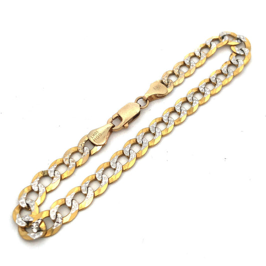 Designer 10K Yellow White Gold Diamond Cut Two Toned Flat Curb Link Bracelet