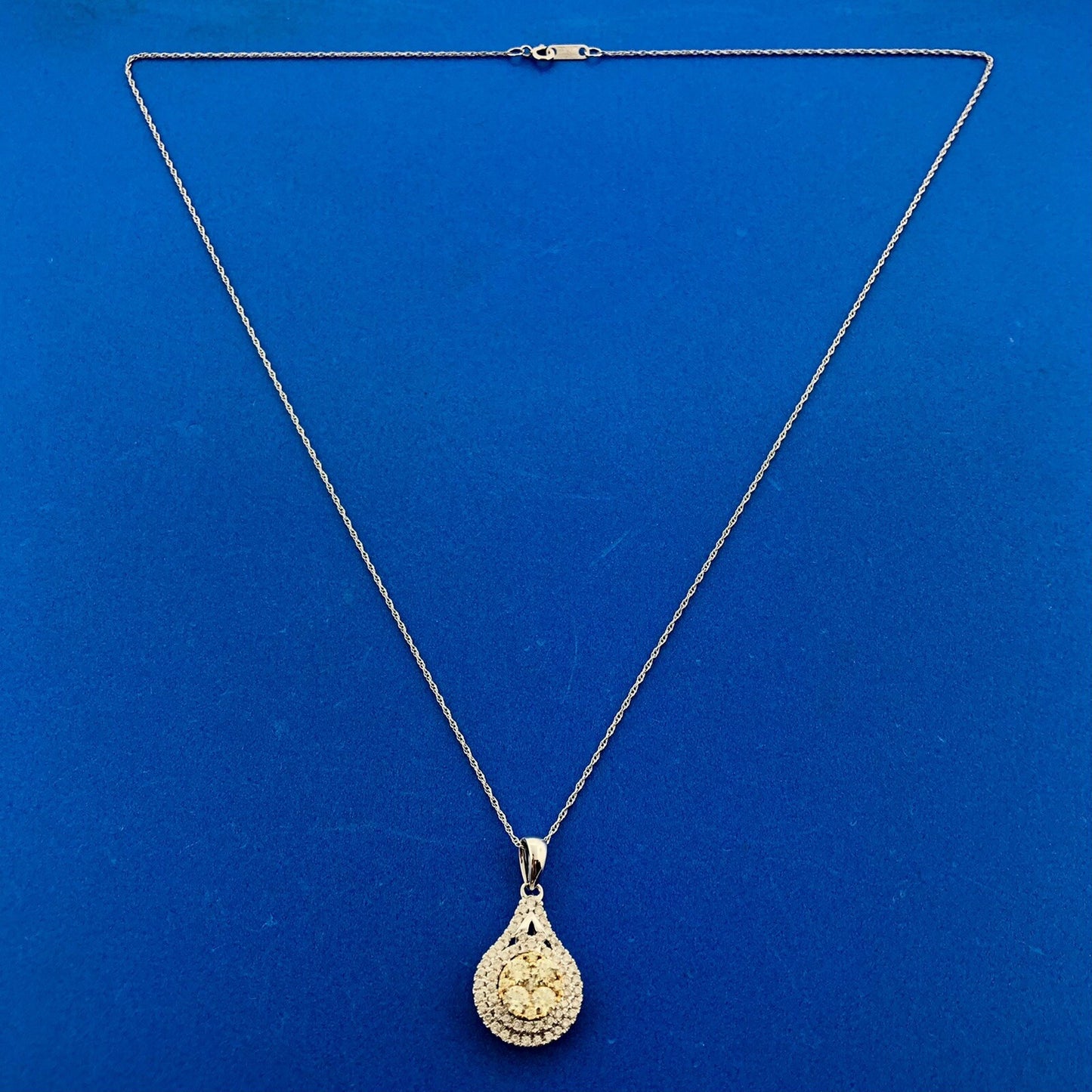 Royal 14K White Yellow Gold Canary White Diamond Double Halo Pear Pendant
