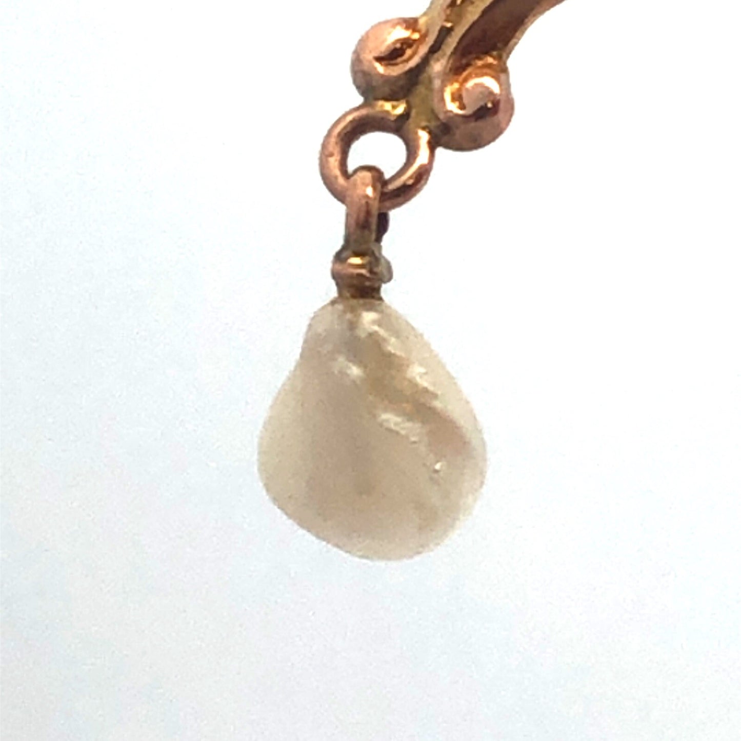 Art Nouveau 10K Yellow Gold Blue Glass Seed Pearl Drop Dangle Pendant