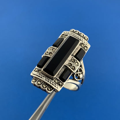 Estate 925 Sterling Silver Black Onyx Marcasite Heart Openwork Statement Ring