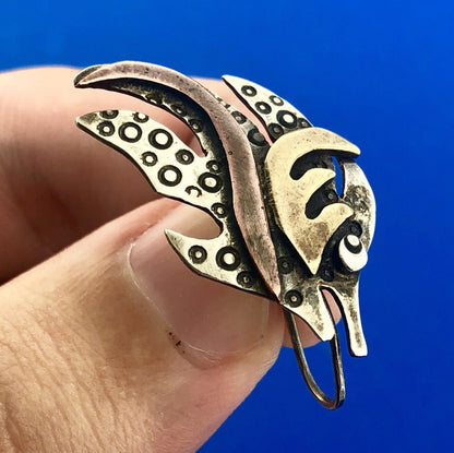 Artisan 925 Sterling Silver Brass Copper Textured Modernist Angel Fish Earrings