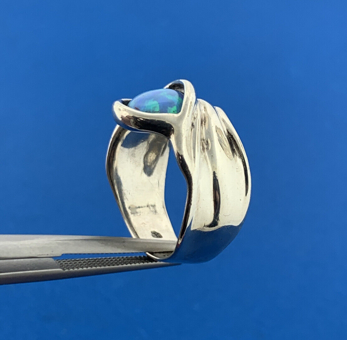 Modernist Designer 925 Sterling Silver Opal Cabochon Cigar Band Ring