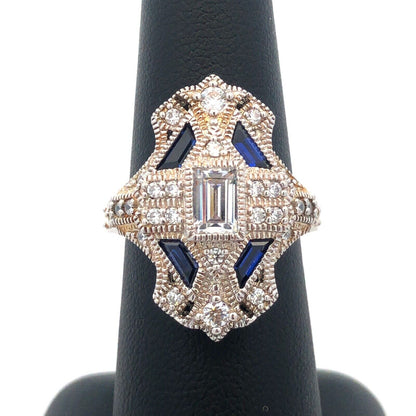 Art Deco Style 925 Sterling Silver Cubic Zirconia Blue Spinel Statement Ring