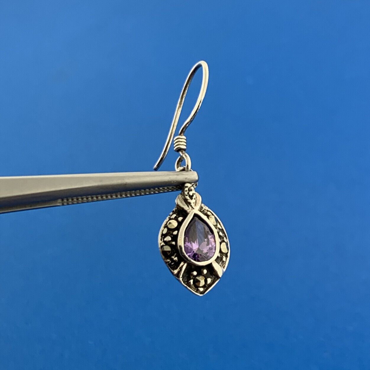 Designer 925 Sterling Silver Pear Amethyst Marcasite February Occasion Earrings