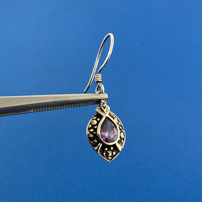 Designer 925 Sterling Silver Pear Amethyst Marcasite February Occasion Earrings