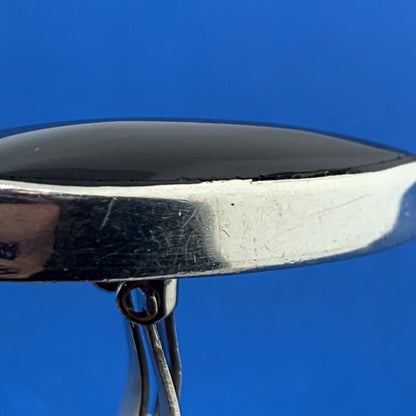 Mid Century Taxco Los Ballesteros Sterling Silver Onyx Modernist Clip Earrings