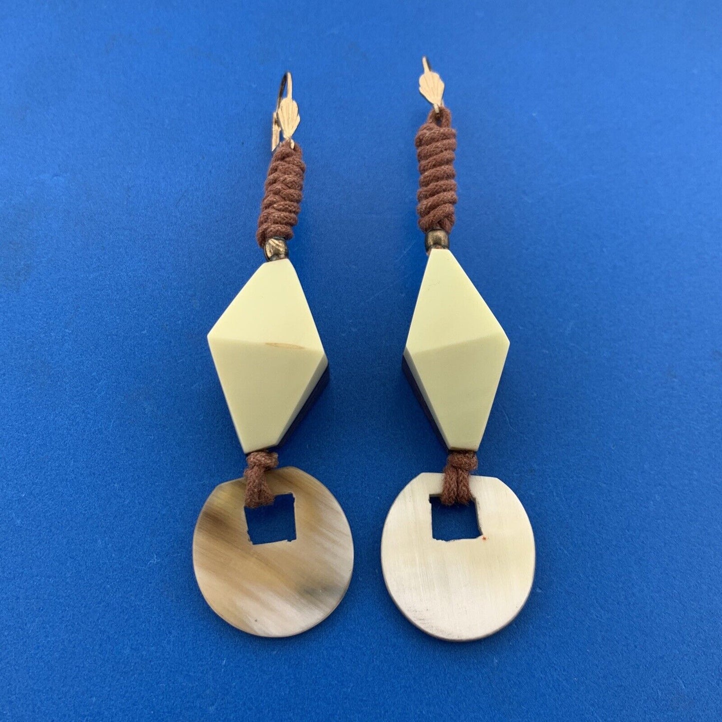 Mid Century Gold Tone Modern Wooden Bakelite Beaded Corded Necklace Earrings Set