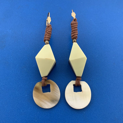 Mid Century Gold Tone Modern Wooden Bakelite Beaded Corded Necklace Earrings Set