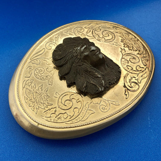 Vintage Brass Bronze Two Tone Scroll 3 Dimensional Indian Head Oval Belt Buckle