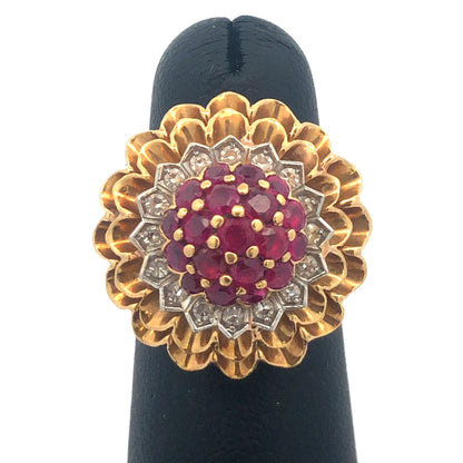Vintage Artisan 18 Yellow Gold Ruby Diamond Cluster Dome Statement Cocktail Ring