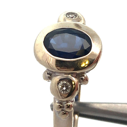 14K White Gold Oval Sapphire Solitaire Diamond Accent Modernist Anniversary Ring