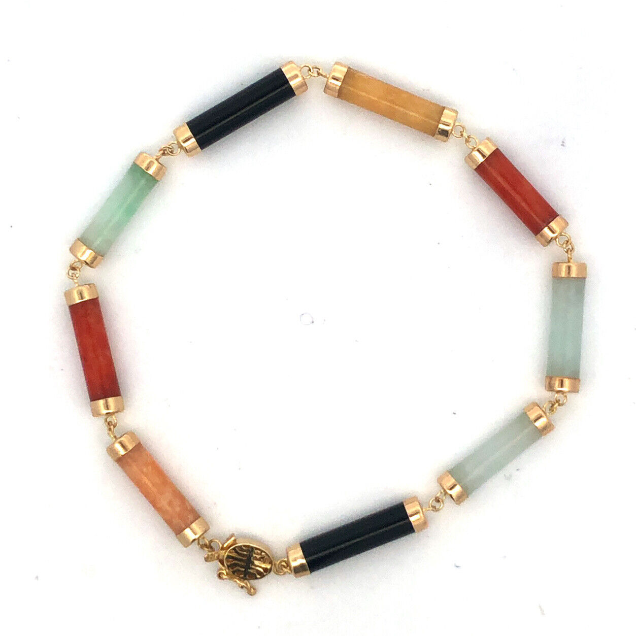 Estate 14K Yellow Gold Green White Yellow Red Jade Black Onyx Bar Link Bracelet