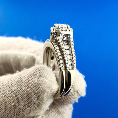 14K White Gold Round Solitaire Diamond Halo Band Accented Bridal Two Ring Set