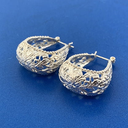 Silver Plated Floral Vine Scroll Open Work Statement Pear Hoop Earrings
