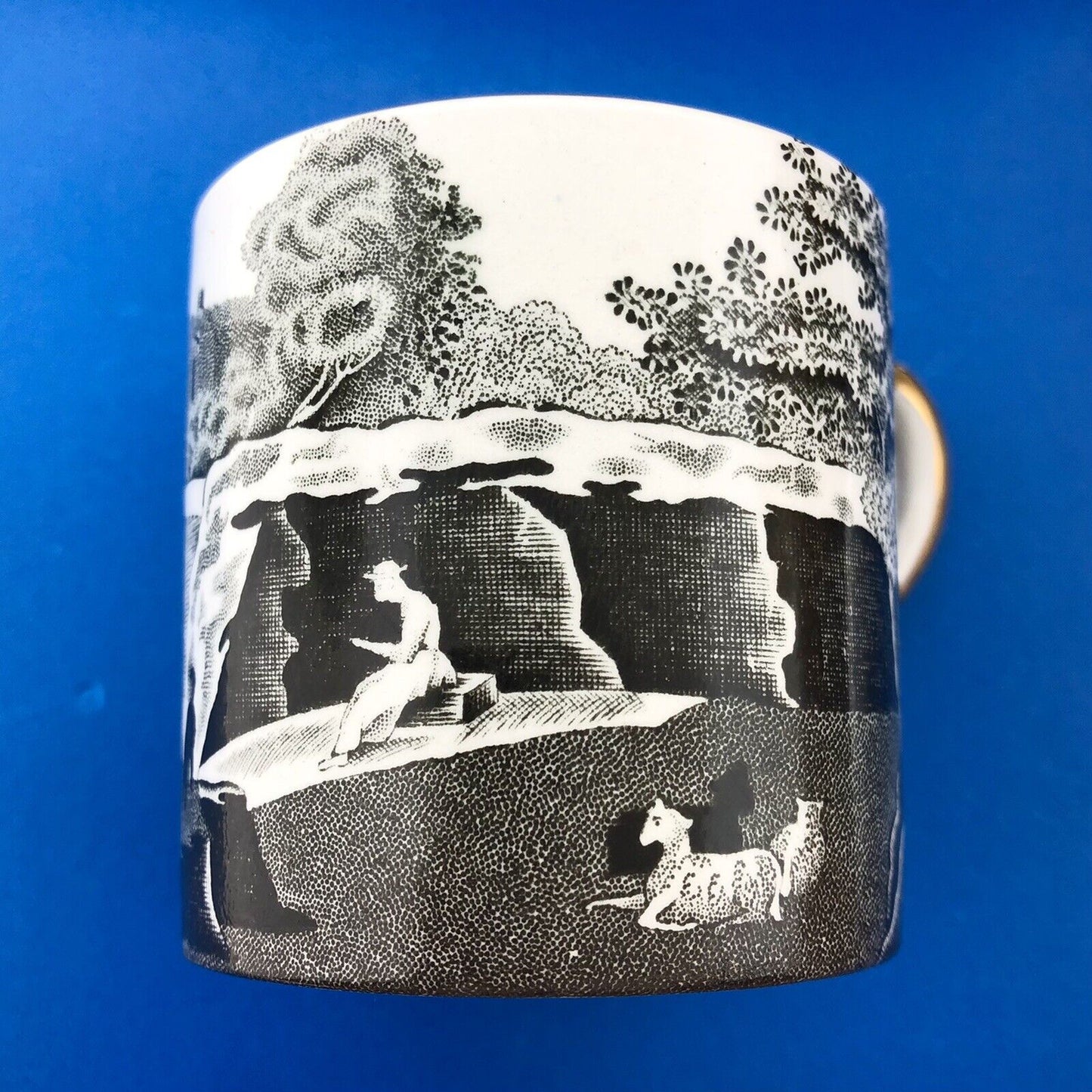 Spode England Woodland Black White Landscape Design Demitasse Cup W/Saucer 2 Pcs