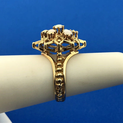 Art Nouveau 14K Yellow Gold Opal Star Flower Cluster October Etruscan Style Ring