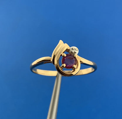 Vintage 10K Yellow Gold Ruby Solitaire Diamond Accented July Anniversary Ring