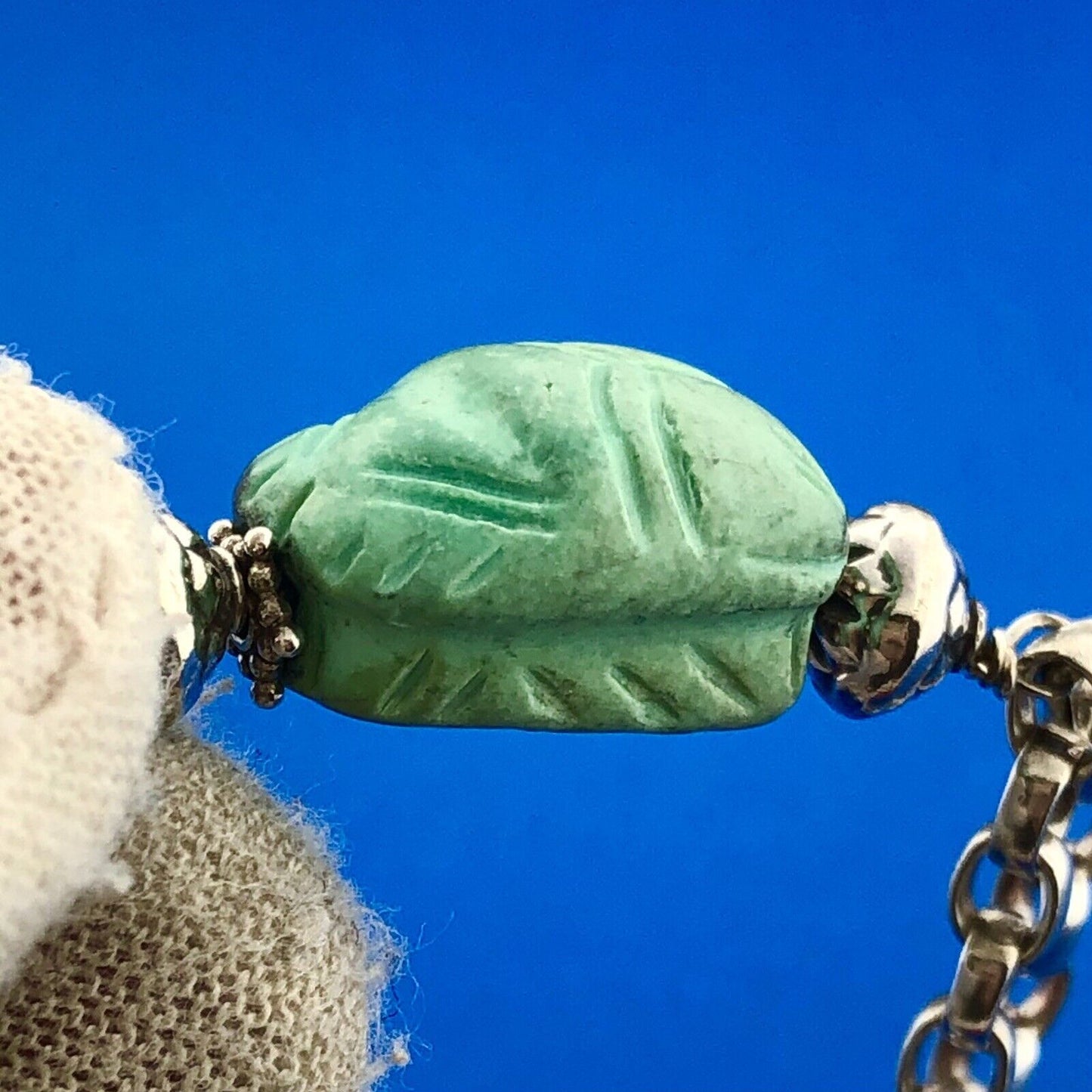 Vintage 925 Sterling Silver Carved Stone Scarab Beetle Oval Link Toggle Bracelet