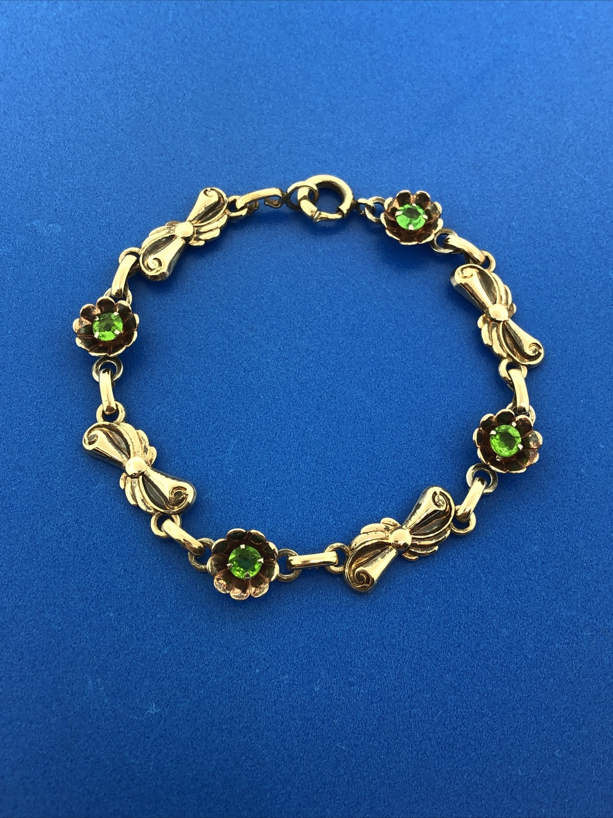 Vintage Designer Harry Iskin Gold Filled Green Rhinestone Floral Tennis Bracelet