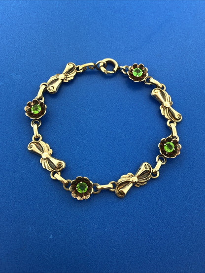 Vintage Designer Harry Iskin Gold Filled Green Rhinestone Floral Tennis Bracelet