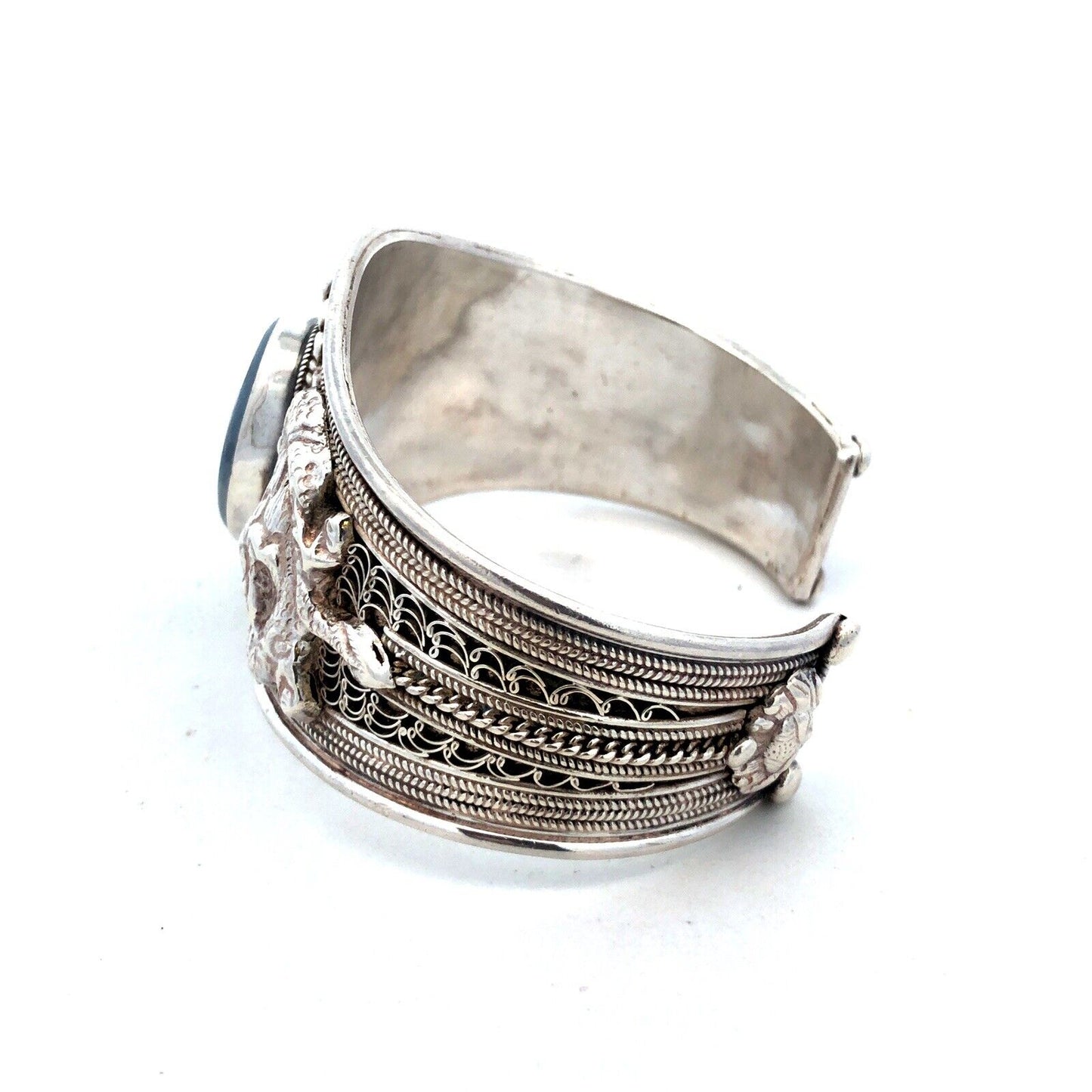 925 Sterling Silver Blue Opal Dragon Filigree Detailed Wide Cuff Bracelet