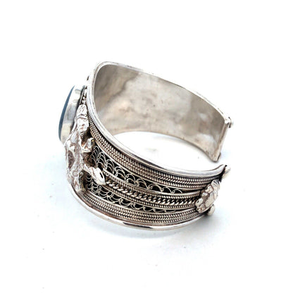 925 Sterling Silver Blue Opal Dragon Filigree Detailed Wide Cuff Bracelet