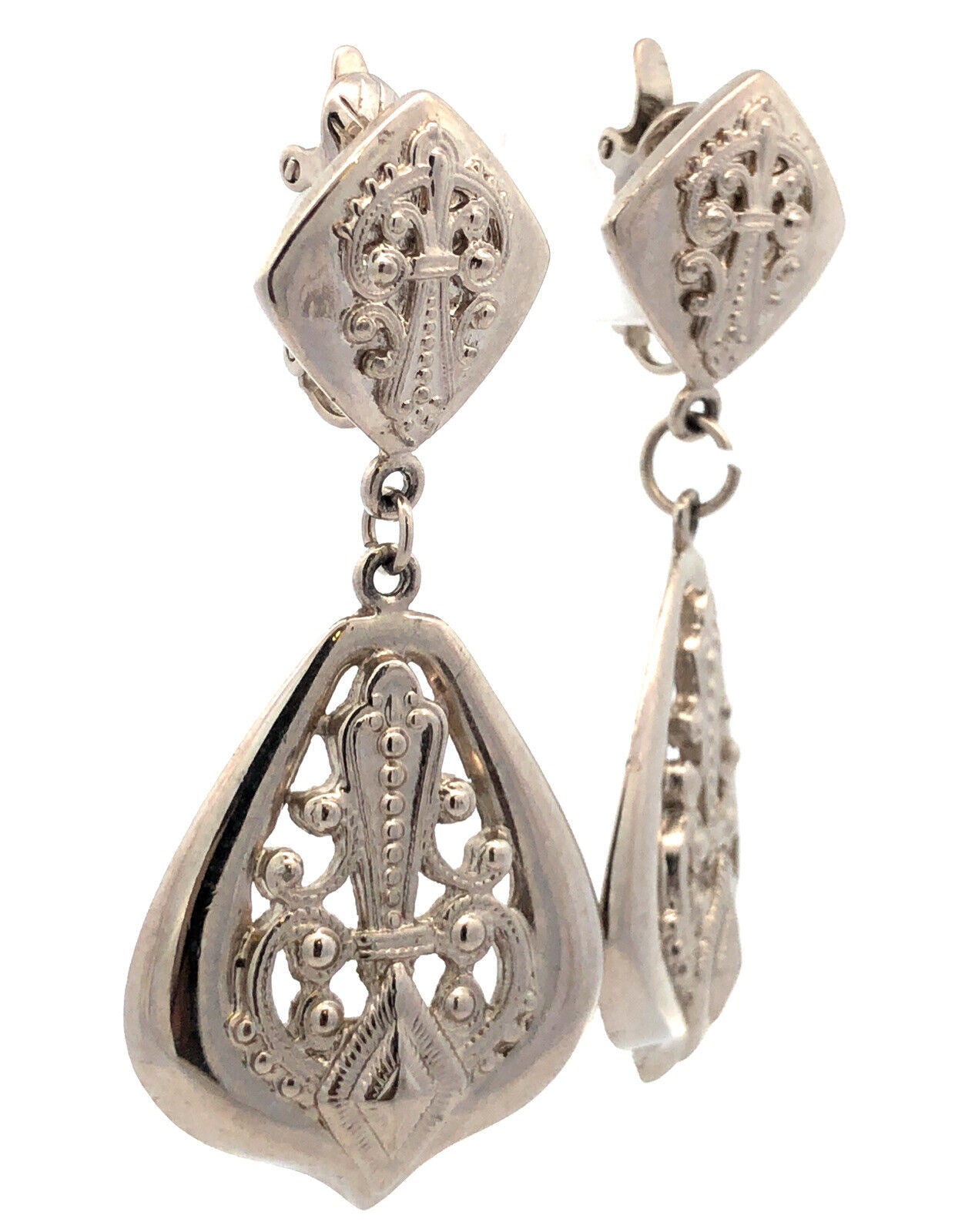 Estate Trifari Silver Tone Fleur De Lis Double Drop Statement Clip On Earrings