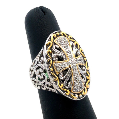 Designer 925 Sterling Silver Gold Tone Accents CZ Open Work Cross Statement Ring