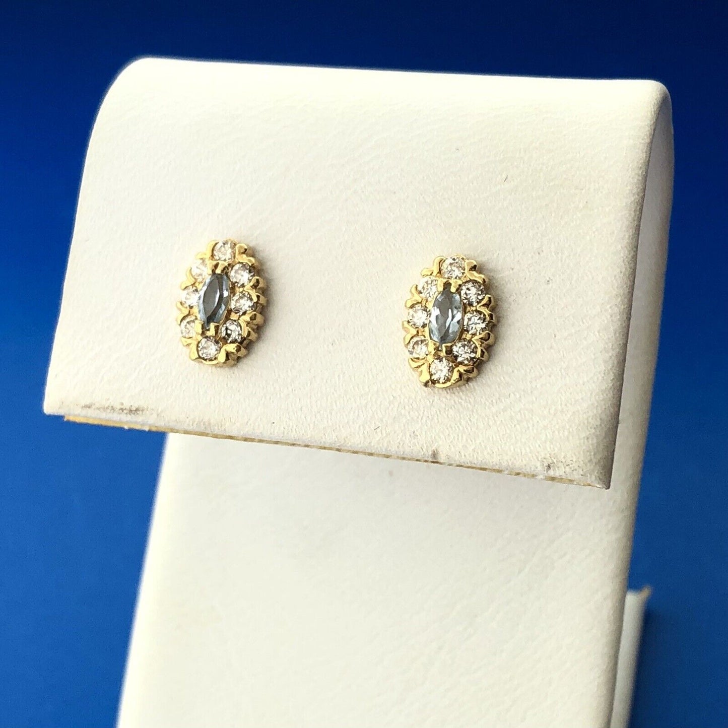 18K Yellow Gold Blue Tourmaline Cubic Zirconia CZ Halo Petite Stud Earrings