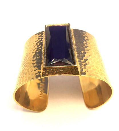 IMAN CN Gold Tone Hammered Metal Purple Cubic Zircoina Statement Cuff Bracelet