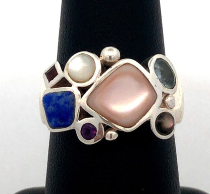Designer LT 925 Sterling Silver Mother of Pearl Lapis Lazuli Cluster Band Ring