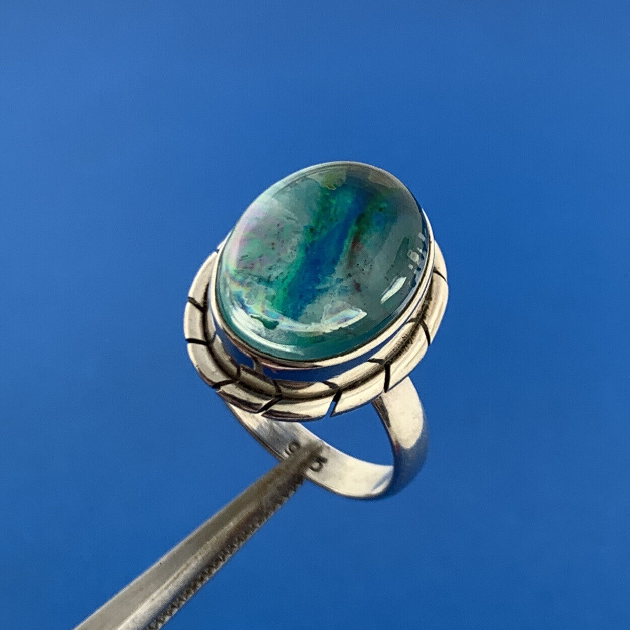 Stunning Sterling Silver 925 Cabochon Blue Green Glass Statement Ring Size 6.25