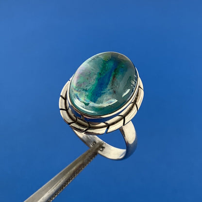 Stunning Sterling Silver 925 Cabochon Blue Green Glass Statement Ring Size 6.25