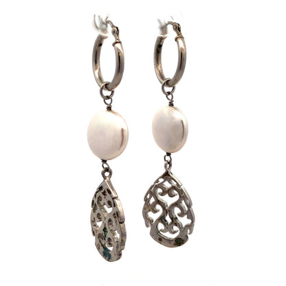 925 Sterling Silver Round Filigree Pearl Dangle Hoop Earrings