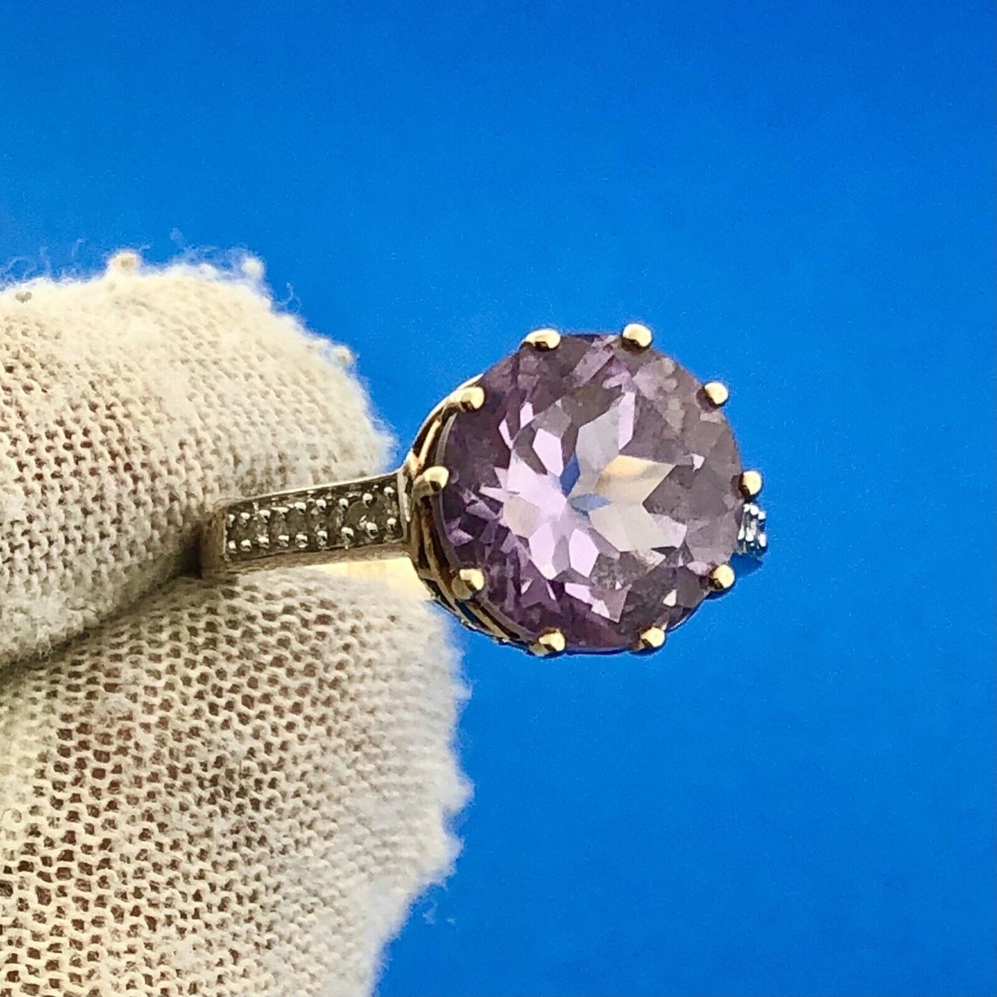 10K Yellow Gold Amethyst Cocktail Solitaire Diamond Accented Statement Ring