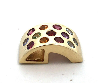 Designer 14K Yellow Gold Round Multi-Gemstone Rectangle Modernist Pendant