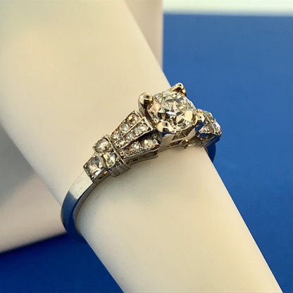 Art Deco Platinum European Mine Cut Diamond Solitaire W/Accents Engagement Ring