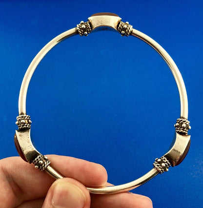 Vintage Designer FAS 925 Sterling Silver Carnelian Station Bead Bangle Bracelet