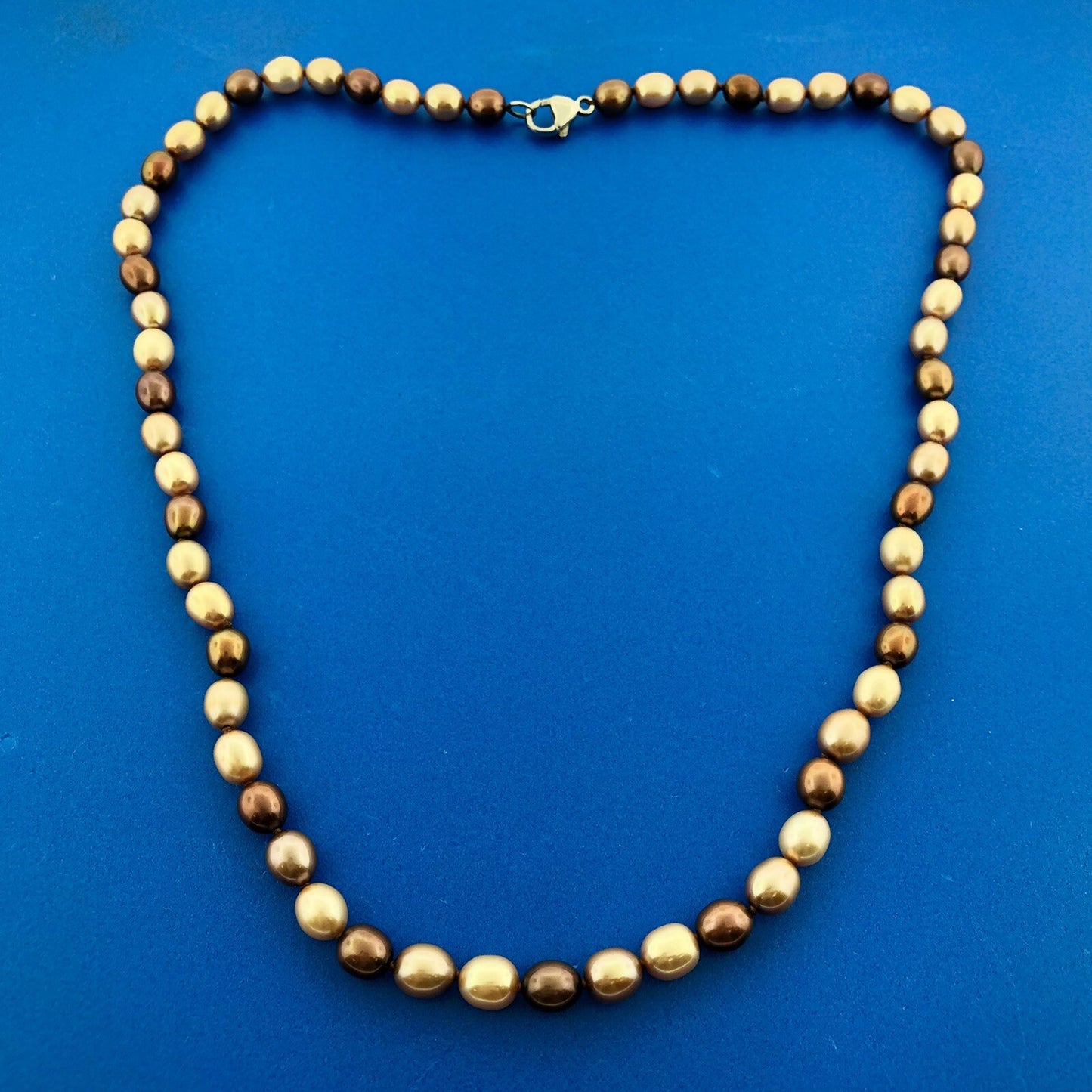 Retro Designer 925 Sterling Silver Bronze Champagne Oval Pearl Choker Necklace