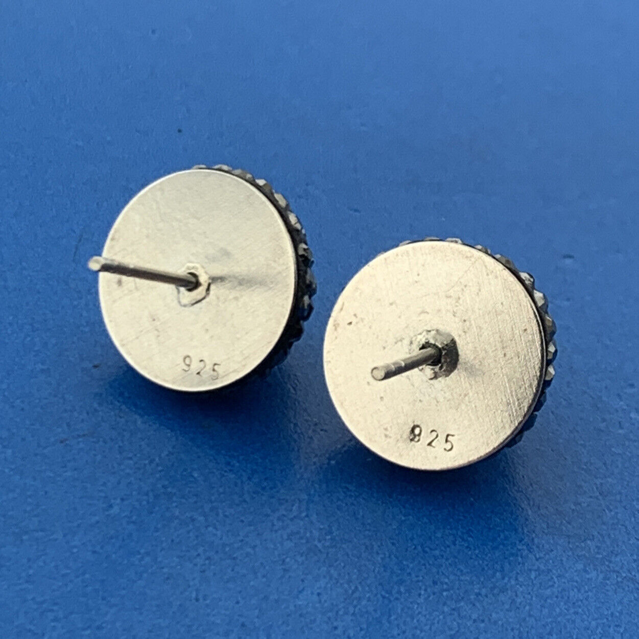 Retro Sterling Silver Lapis Lazuli Cubic Zirconia Marcasite Button Stud Earrings