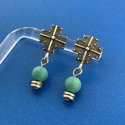 Adorable 925 Sterling Silver Turquoise Bead Cross Dangle Stud Earrings