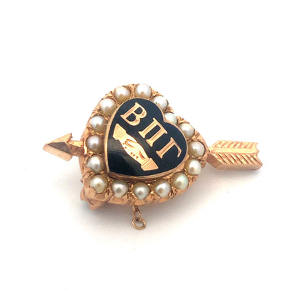 14k Yellow Gold Black Enamel Shell Pearl Beta Pi Gamma Arrow Heart Greek Pin