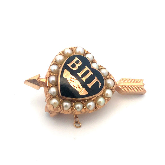 14k Yellow Gold Black Enamel Shell Pearl Beta Pi Gamma Arrow Heart Greek Pin