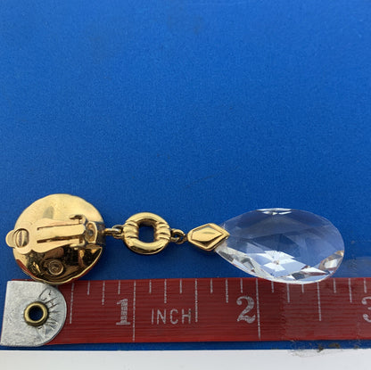 Retro Swarovski Gold Tone Enamel Crystal Statement Clip On Drop Dangle Earrings